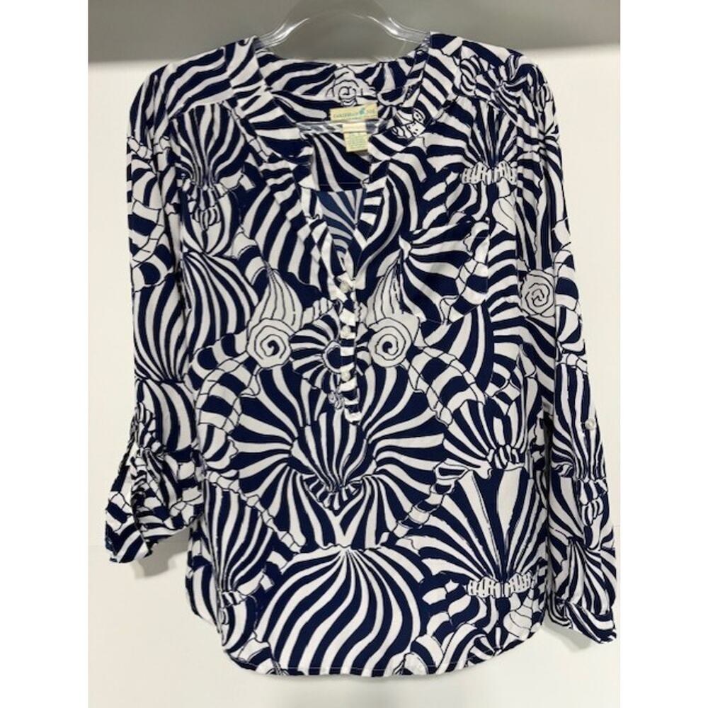 Caribbean Joe L Navy White Seashell Print Roll Tab Blouse Coastal Resort Beach - Picture 2 of 7